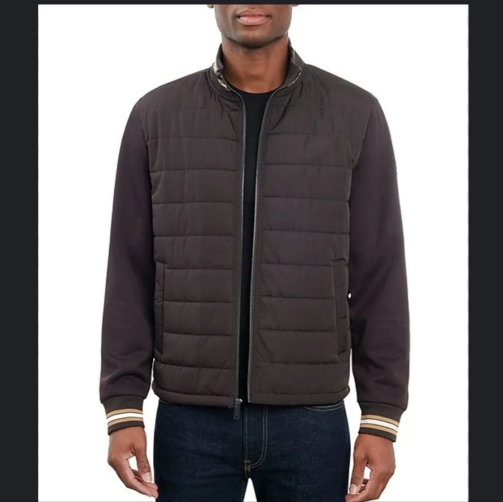 Michael Kors Mixed Media Stand Collar Brown Quilted Men's Puffer Jacket Size L